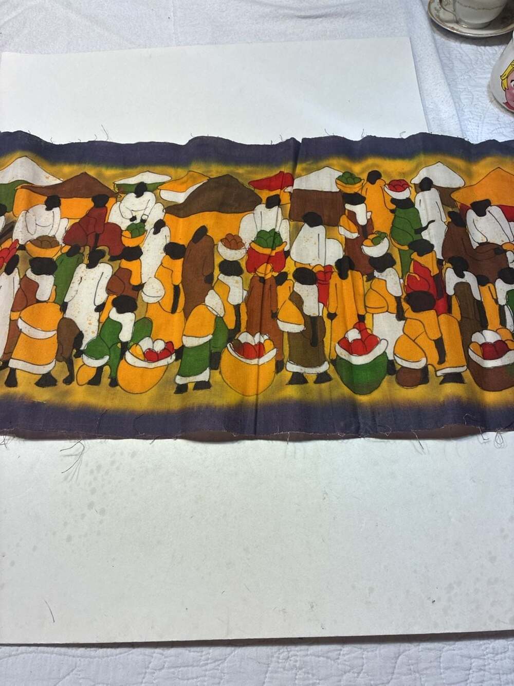 Lot of 2 African Market Scene Wax Batik Textile Wall Hanging Panel